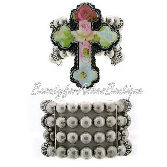 Rustic Victorian Cross Floral Pastel Silver Beaded Chunky Wide Stretch Bracelet - Picture 1 of 2